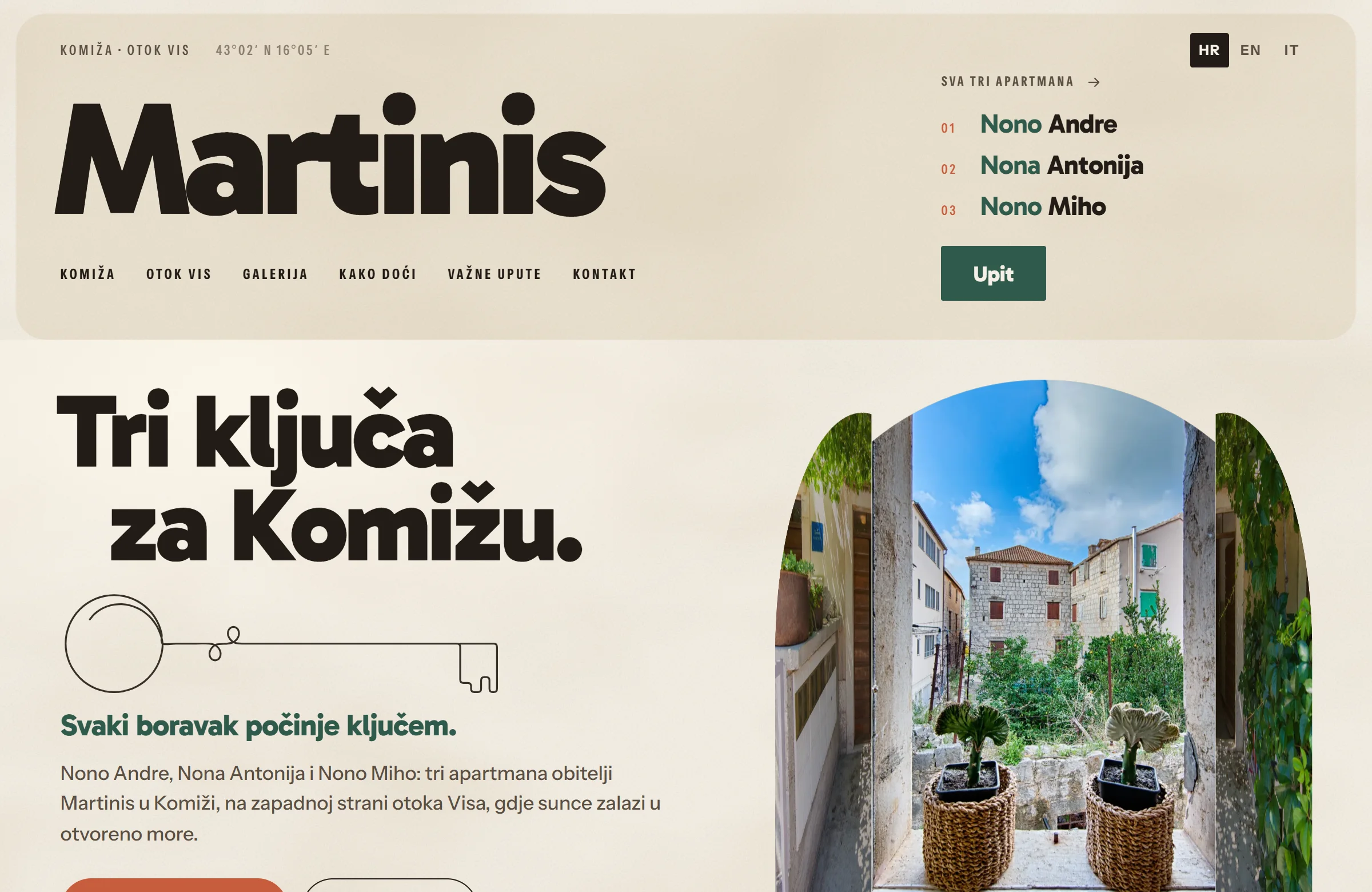 Sajt za tri apartmana za odmor u Komiži na ostrvu Visu, apartments-martinis.com