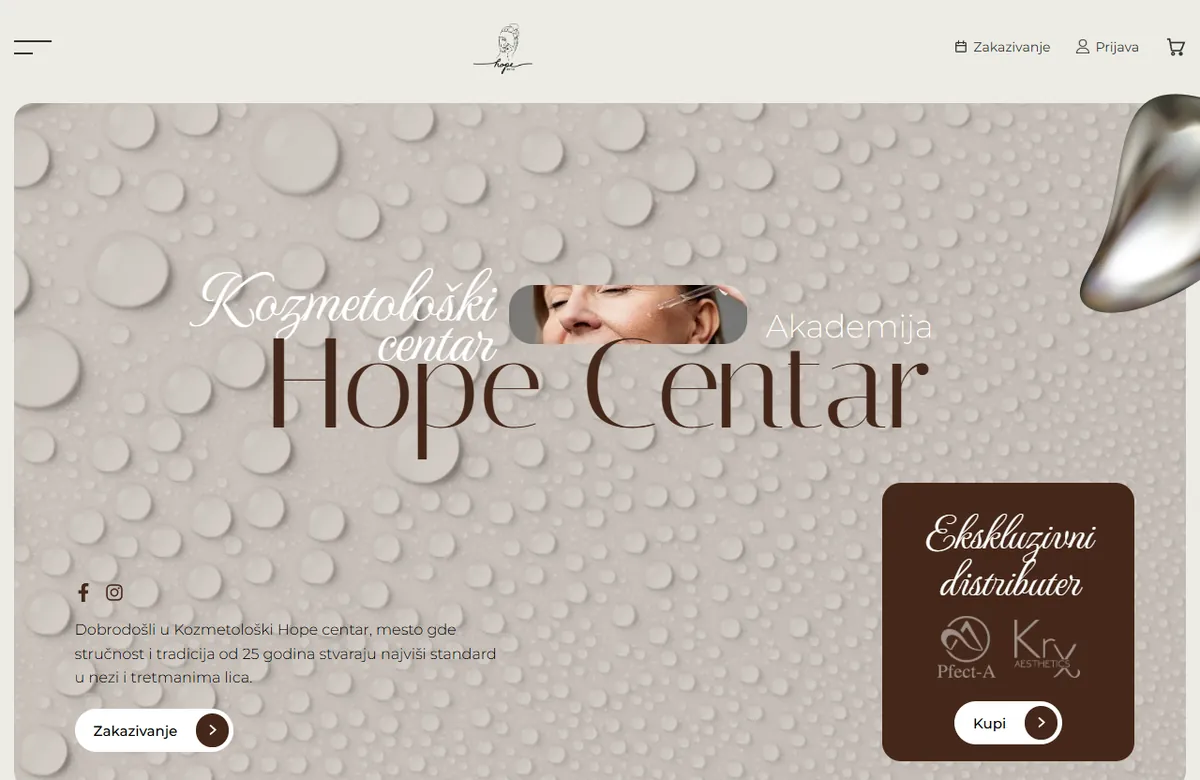 An aesthetics-clinic site with booking, a treatment catalog and a shop — hopecentar.rs